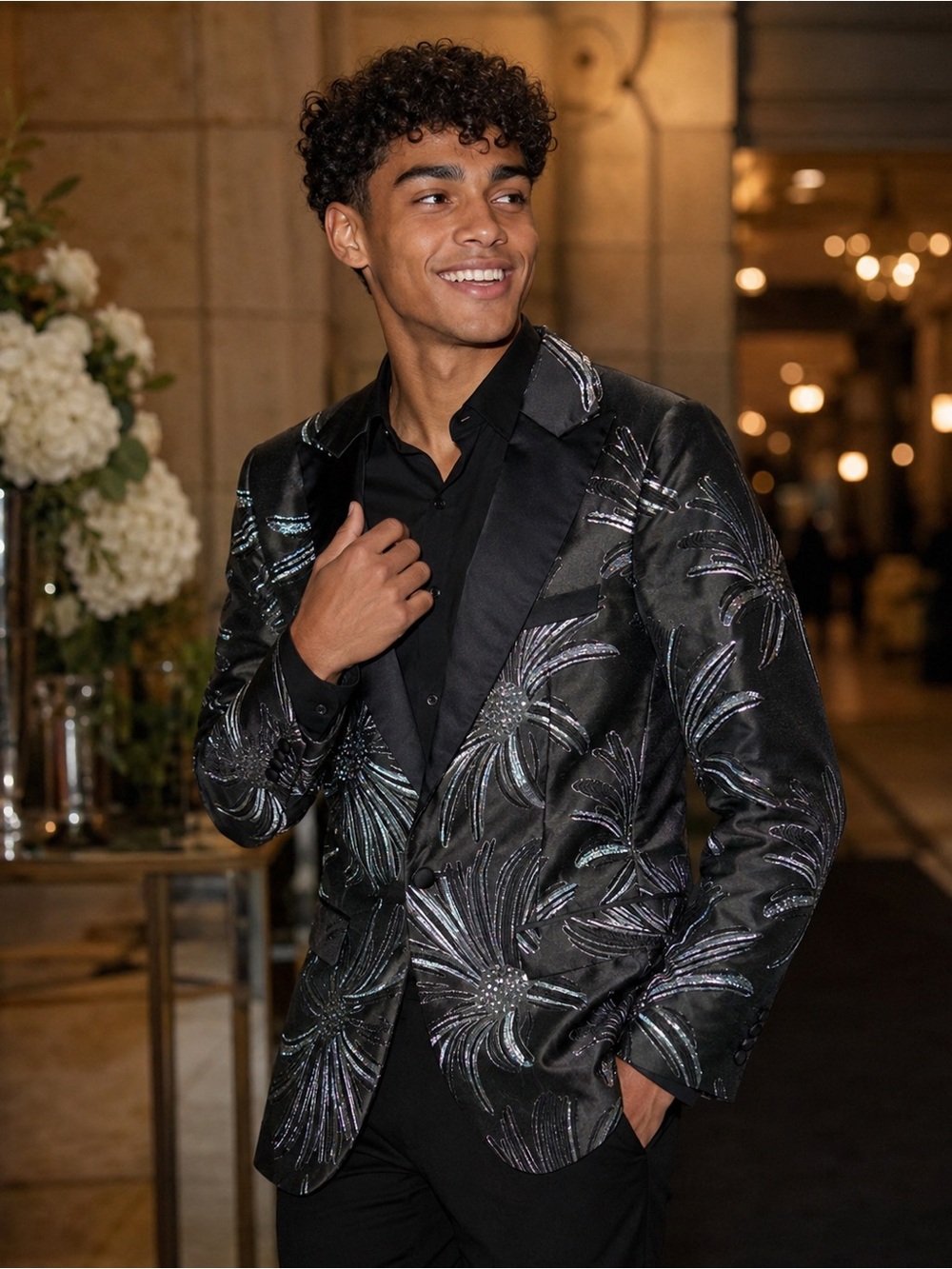 Kilburne Finch Mens 36R Black Silver Floral Jacquard Tuxedo Blazer Jacket